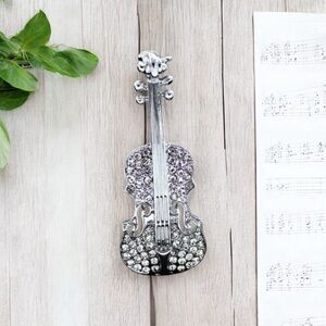 Womens Sparkly Silver Plated Crystal Violin Scarf Brooches Rhinestone Brooch